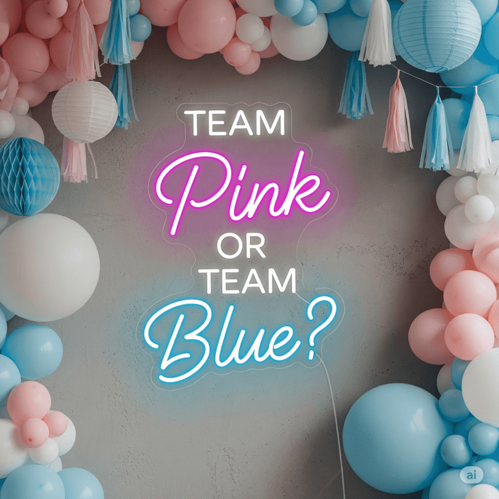 LED neon sign "Team Pink or Team Blue?"