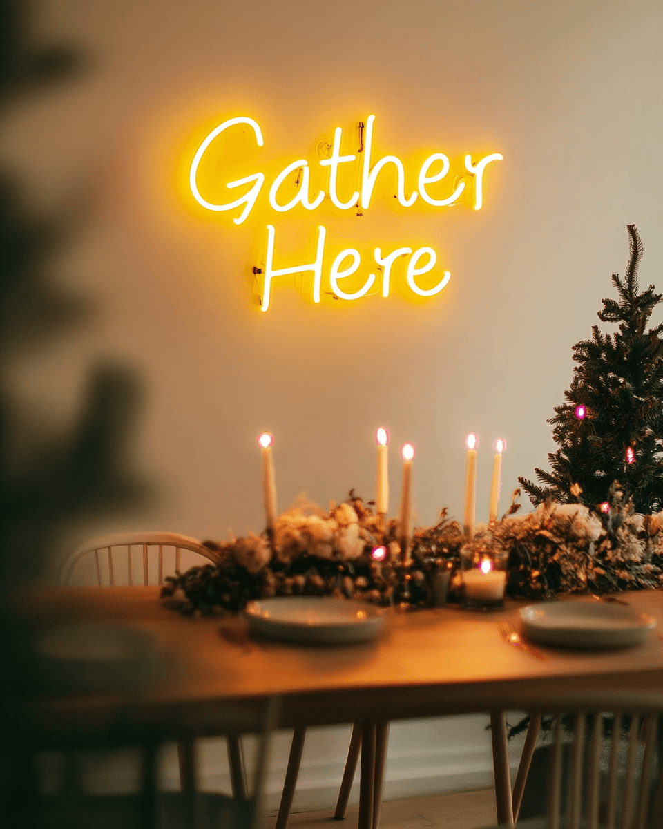LED neon sign “Gather Here”